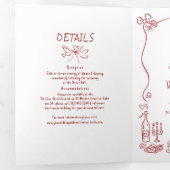 Invitation Trois Volets Funky Whimsical Doodles Modern Red Wedding Photo (Intérieur en premier)