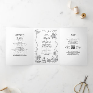 Invitation Trois Volets Funky Whimsical Doodles Retro Mariage Photo
