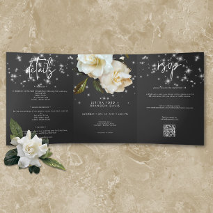 Invitation Trois Volets Gardenias blanches modernes sur Mariage noir