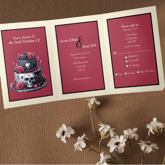 Invitation Trois Volets Gâteau rouge et Mariage noir Goth