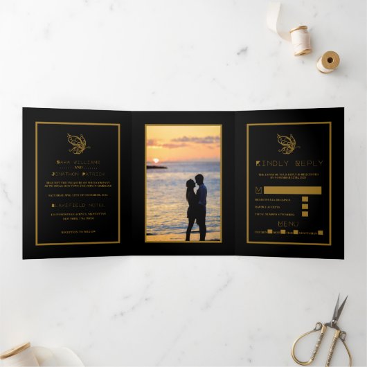 Invitation Trois Volets Gold Butterfly, Black & Gold Mariage Suite (Intérieur)