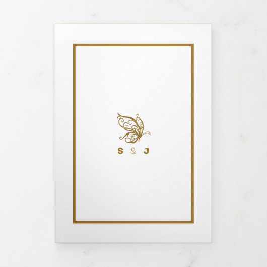 Invitation Trois Volets Gold Butterfly, White & Gold Mariage Suite (Page de couverture)