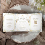 Invitation Trois Volets Gold Crest Royal Indian White Peacock Mariage<br><div class="desc">Éblouissez vos invités avec cette élégante invitation tout en un mariage indien avec une crête vintage avec de beaux paons et QR Code pour RSVP en ligne. Ajoutez simplement les détails de votre événement sur ce modèle facile à utiliser et ornez cette carte avec votre photo préférée pour en faire...</div>