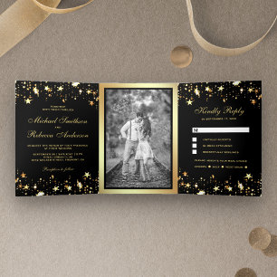 Invitation Trois Volets Gold Foil Stars Confetti Black Mariage
