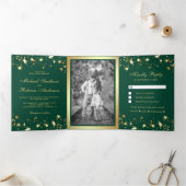 Invitation Trois Volets Gold Foil Stars Confetti Emerald Green Mariage (Intérieur)