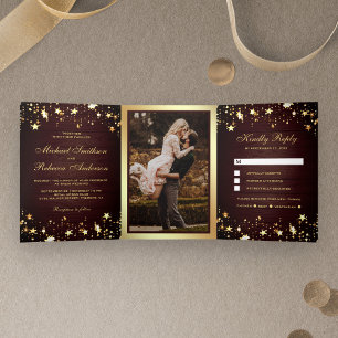 Invitation Trois Volets Gold Foil Stars Confetti Rustic Barne Mariage en b