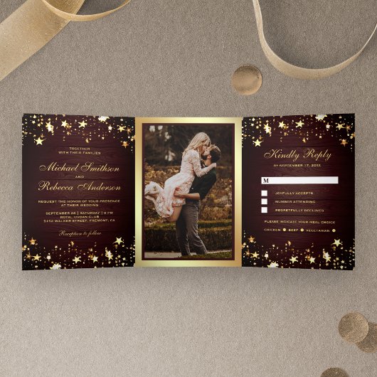 Invitation Trois Volets Gold Foil Stars Confetti Rustic Barne Mariage en b