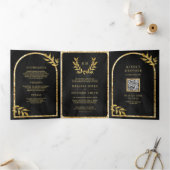 Invitation Trois Volets Gold Laurel Wreath Feuille Mariage gris charbon (Intérieur)
