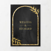 Invitation Trois Volets Gold Laurel Wreath Feuille Mariage gris charbon (Page de couverture)