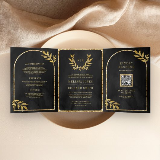 Invitation Trois Volets Gold Laurel Wreath Feuille Mariage gris charbon
