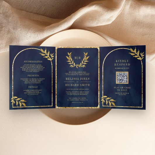 Invitation Trois Volets Gold Laurel Wreath Feuille Marine Blue Mariage