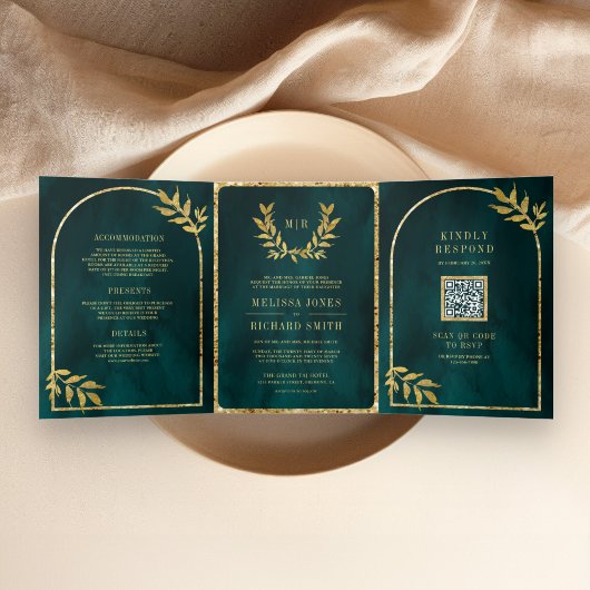 Invitation Trois Volets Gold Laurel Wreath Feuilles Dark Turquoise Mariage