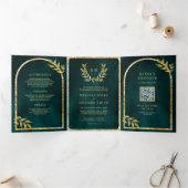 Invitation Trois Volets Gold Laurel Wreath Feuilles Dark Turquoise Mariage (Intérieur)