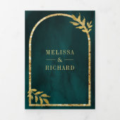 Invitation Trois Volets Gold Laurel Wreath Feuilles Dark Turquoise Mariage (Page de couverture)