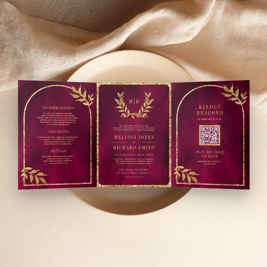 Invitation Trois Volets Gold Laurel Wreath Feuilles Fuchsia Magenta Mariag