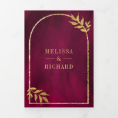 Invitation Trois Volets Gold Laurel Wreath Feuilles Fuchsia Magenta Mariag (Page de couverture)