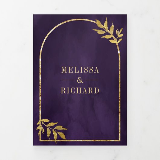 Invitation Trois Volets Gold Laurel Wreath Feuilles Royal Purple Mariage (Page de couverture)