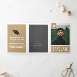 Invitation Trois Volets Gold Modern Textured Photo Graduation