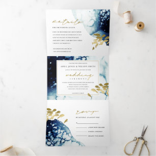 INVITATION TROIS VOLETS GOLD NAVY SOUS L'EAU POISSON MARIAGE DE COULEUR D'