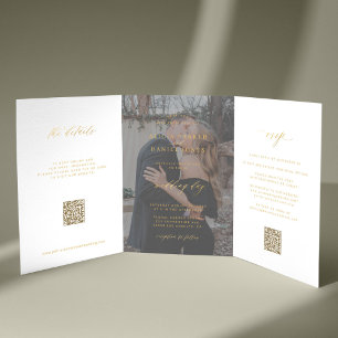 Invitation Trois Volets Gold script photo mariage RSVP détails QR code