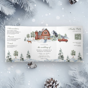 Invitation Trois Volets Grange Rouge enneigée Noël d'hiver Code QR Mariage