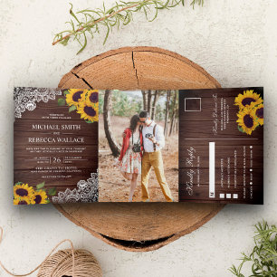 Invitation Trois Volets Grange Rustique Bois Dentelle Tournesol Photo De M