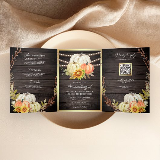 Invitation Trois Volets Grange Rustique Bois Tournesol Citrouille Code QR