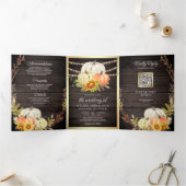 Invitation Trois Volets Grange Rustique Bois Tournesol Citrouille Code QR (Intérieur)