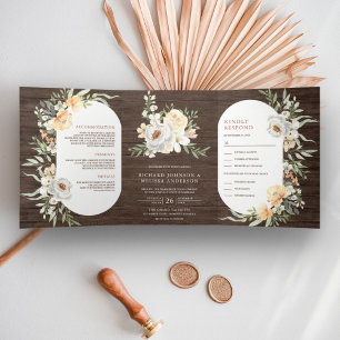 Invitation Trois Volets Grange Rustique en Bois Bohème Terreux Fleurs de P