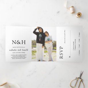 Invitation Trois Volets Gras Monogramme QR Code Photo Mariage moderne