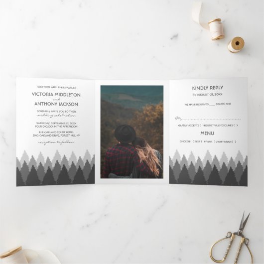 Invitation Trois Volets Gray Forest Range Woodland Mariage Suite (Intérieur)
