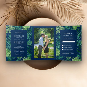 Invitation Trois Volets Green and Navy Blue Palm Feuilles Tropical Mariage