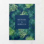Invitation Trois Volets Green and Navy Blue Palm Feuilles Tropical Mariage (Page de couverture)