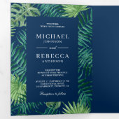 Invitation Trois Volets Green and Navy Blue Palm Feuilles Tropical Mariage (Intérieur en premier)