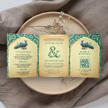 Invitation Trois Volets Green Paisley Indian Peacock Code QR Mariage<br><div class="desc">Éblouissez vos invités avec cet élégant thème indien tout en une invitation de mariage avec un motif paisley traditionnel et de beaux paons aquarelle avec QR Code pour RSVP en ligne. Ajoutez simplement les détails de votre événement sur ce modèle facile à utiliser et ornez cette carte avec vos photos...</div>