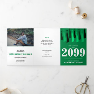 Invitation Trois Volets Green Row of Tassels 3-Photo Graduation