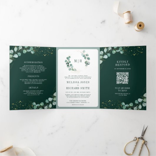 Invitation Trois Volets Greenery Eucalyptus Emerald Green QR Code Wedding (Intérieur)