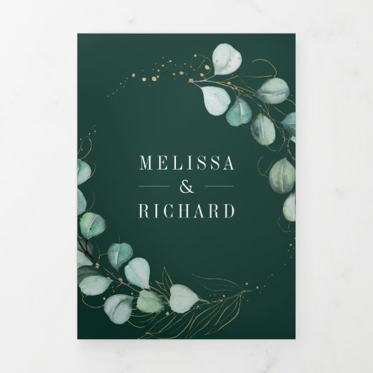 Invitation Trois Volets Greenery Eucalyptus Emerald Green QR Code Wedding (Page de couverture)