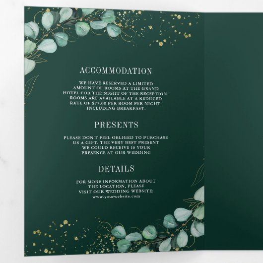 Invitation Trois Volets Greenery Eucalyptus Emerald Green QR Code Wedding (Intérieur en premier)