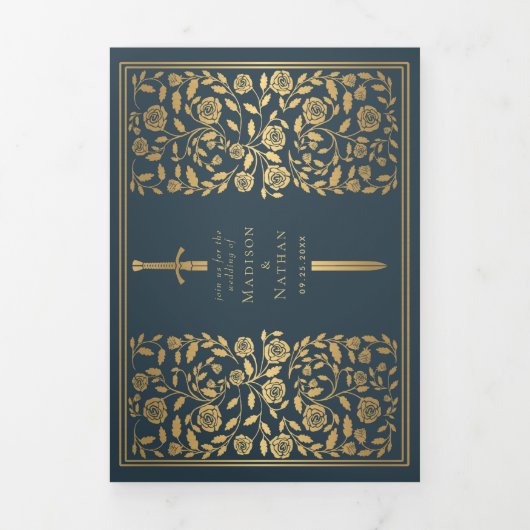 Invitation Trois Volets Gris Royal Médiéval Mariage d'épée QR Code (Page de couverture)