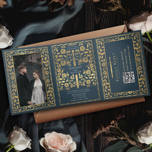 Invitation Trois Volets Gris Royal Médiéval Mariage d'épée QR Code