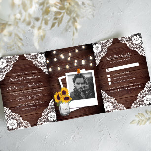 Invitation Trois Volets Guirlande Lumineuse en Bois Rustique pour Mariage
