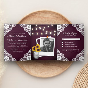 Invitation Trois Volets Guirlande Lumineuse Mariage Bois Lace Violet Prune