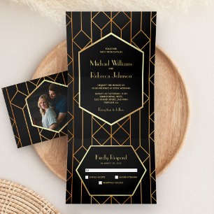 Invitation Trois Volets Hexagone Rétro Art Déco Noir Or 3 en 1 Mariage