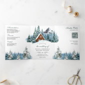 Invitation Trois Volets Hiver Mountain Forest Cabine Lodge QR Code Mariage (Intérieur)