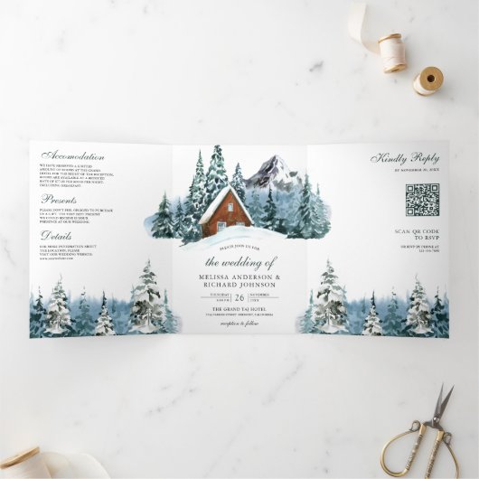 Invitation Trois Volets Hiver Mountain Forest Cabine Lodge QR Code Mariage (Intérieur)