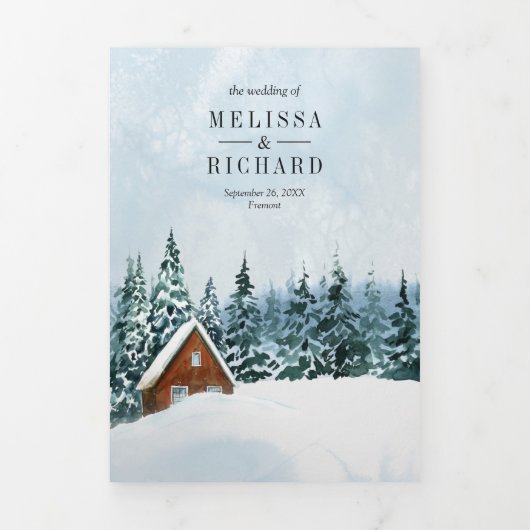 Invitation Trois Volets Hiver Mountain Forest Cabine Lodge QR Code Mariage (Page de couverture)