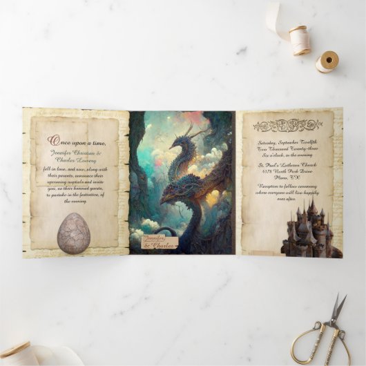 Invitation Trois Volets Imaginaire Dragons et Château Fairytale Mariage (Intérieur)