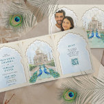 Invitation Trois Volets Indien Peacock Taj Mahal Arch QR Mariage<br><div class="desc">Annoncez votre mariage d'une manière qui associe à merveille tradition, élégance et fonctionnalité moderne avec notre Faire-part de mariage indien Tri-Fold. Ce design exquis capte le dynamisme et la richesse de la culture indienne tout en incorporant des éléments contemporains, ce qui en fait le choix idéal pour un mariage hindou....</div>