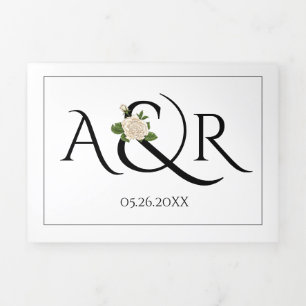 Invitation Trois Volets Initiales et ampersand en noir, blanc, mariage ros
